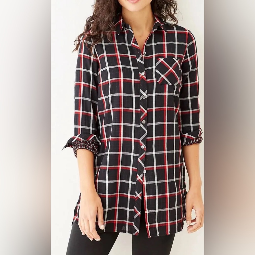 J.Jill Doublecloth Black & Red Plaid Button-Up Tunic
